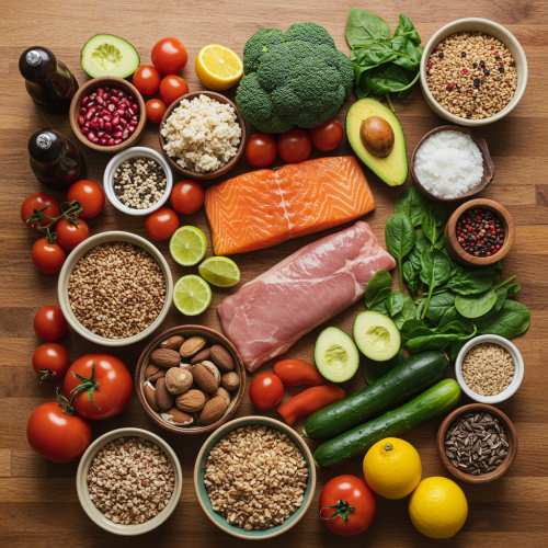 "Plato saludable equilibrado con vegetales coloridos, proteína magra y granos enteros en una mesa de madera, capturado en una fotografía cenital con luz natural."